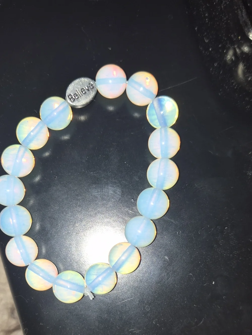 Believe Opalescent Beaded Stretch Bracelet - White/Blue Opal